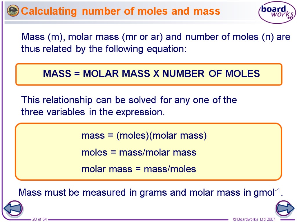 Calculating number of moles and mass Mass (m), molar mass (mr or ar) and